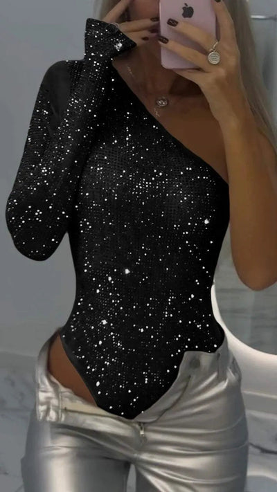 One-shoulder rhinestone sequin top