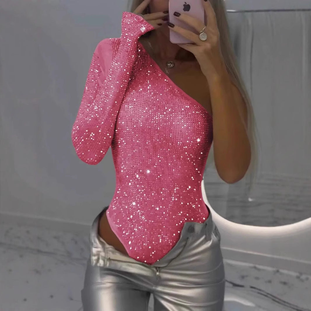 One-shoulder rhinestone sequin top