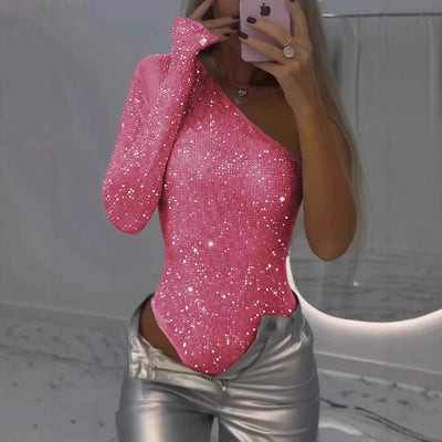One-shoulder rhinestone sequin top