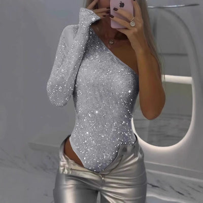 One-shoulder rhinestone sequin top