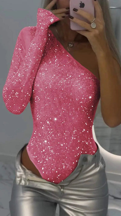 One-shoulder rhinestone sequin top
